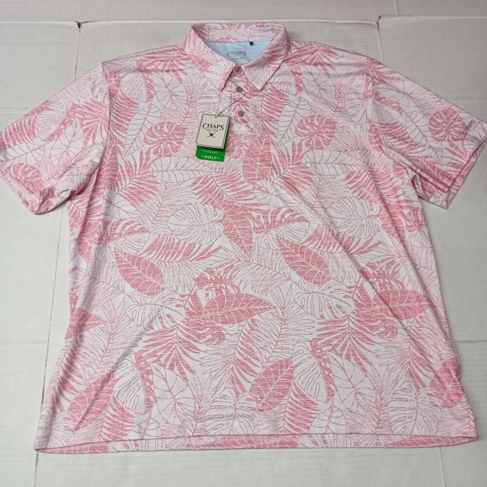 Chaps Printed Golf Polo Shirt Men's 2XL Pink 4-Way Stretch